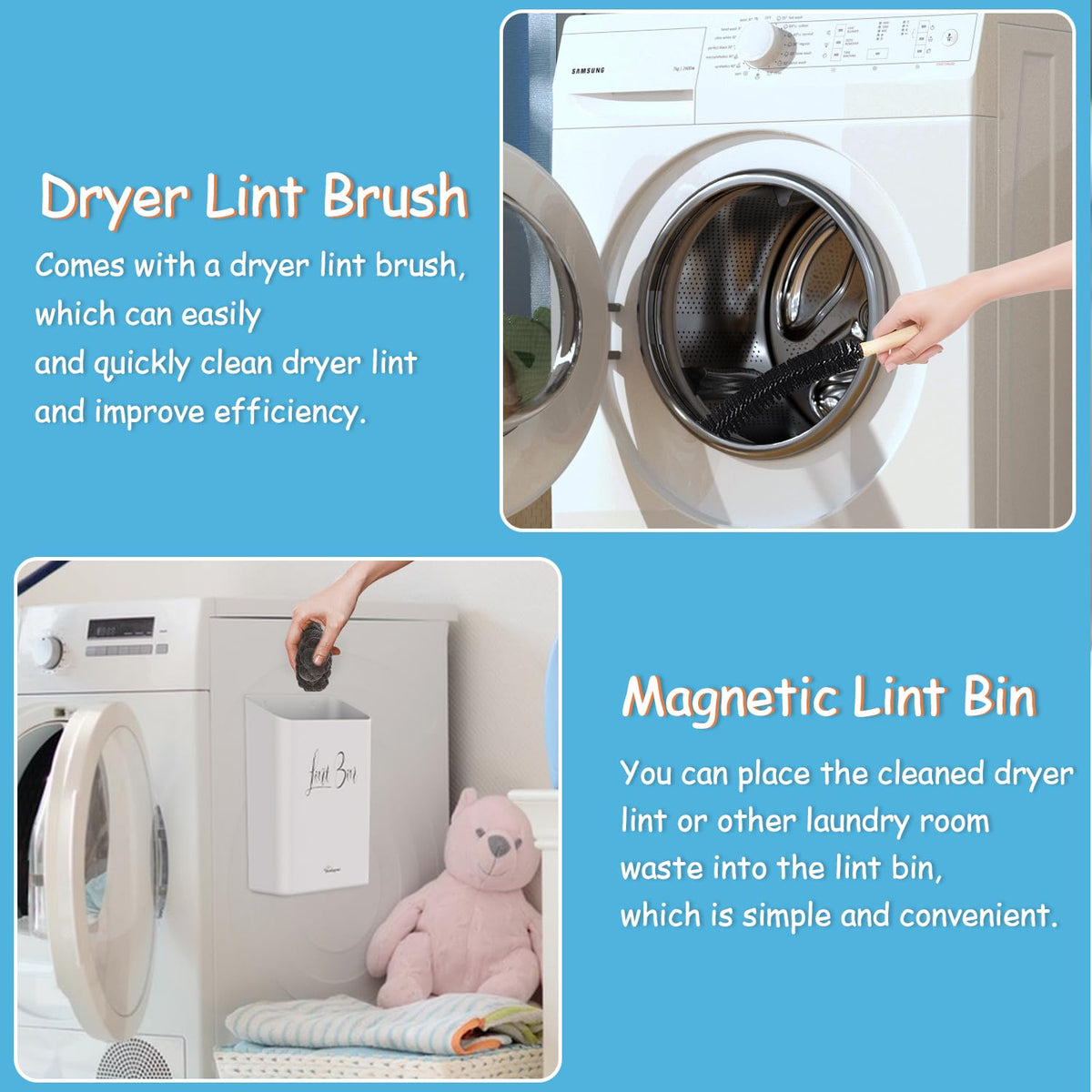 Sealegend Magnetic Lint Bin for Laundry Room with Dryer Lint Brush, Wall Mounted Trash Can