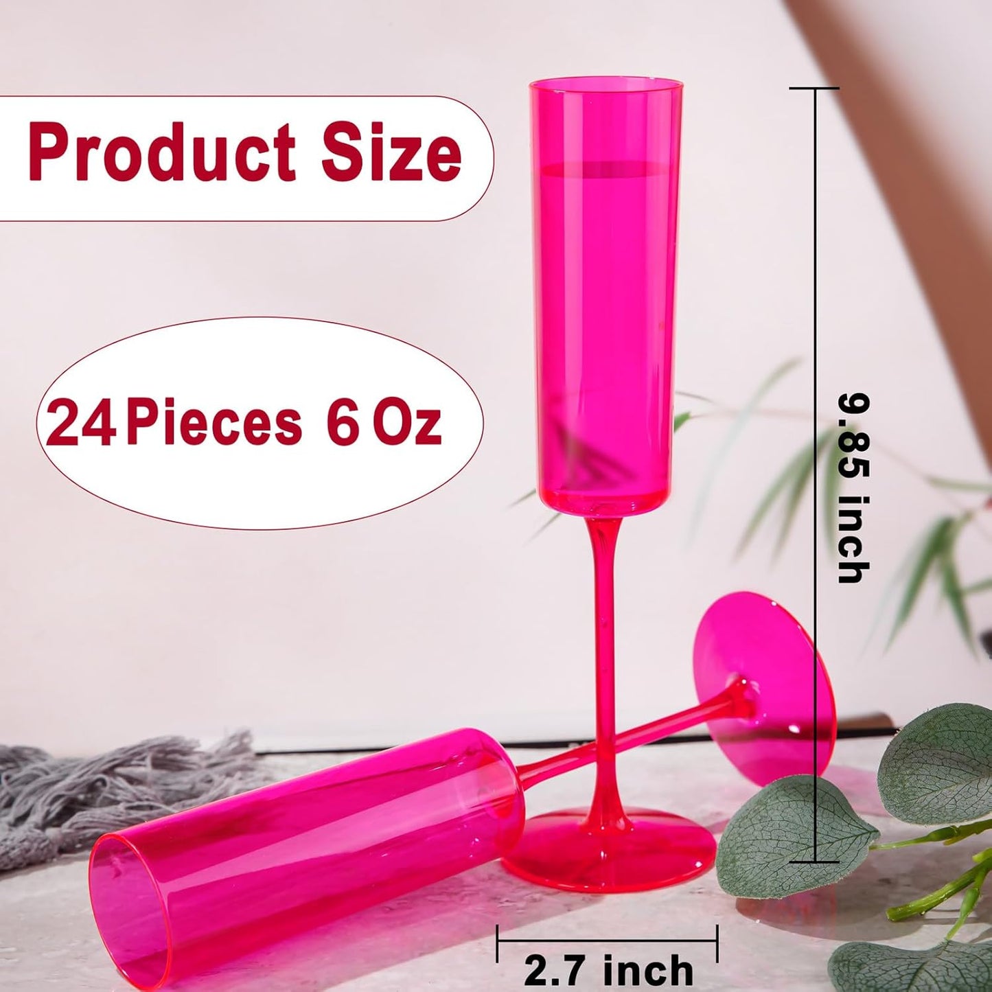 Ciaell 24 Pack Plastic Champagne Flutes - Hot Pink 6 Oz Disposable Champagne Glasses - Square