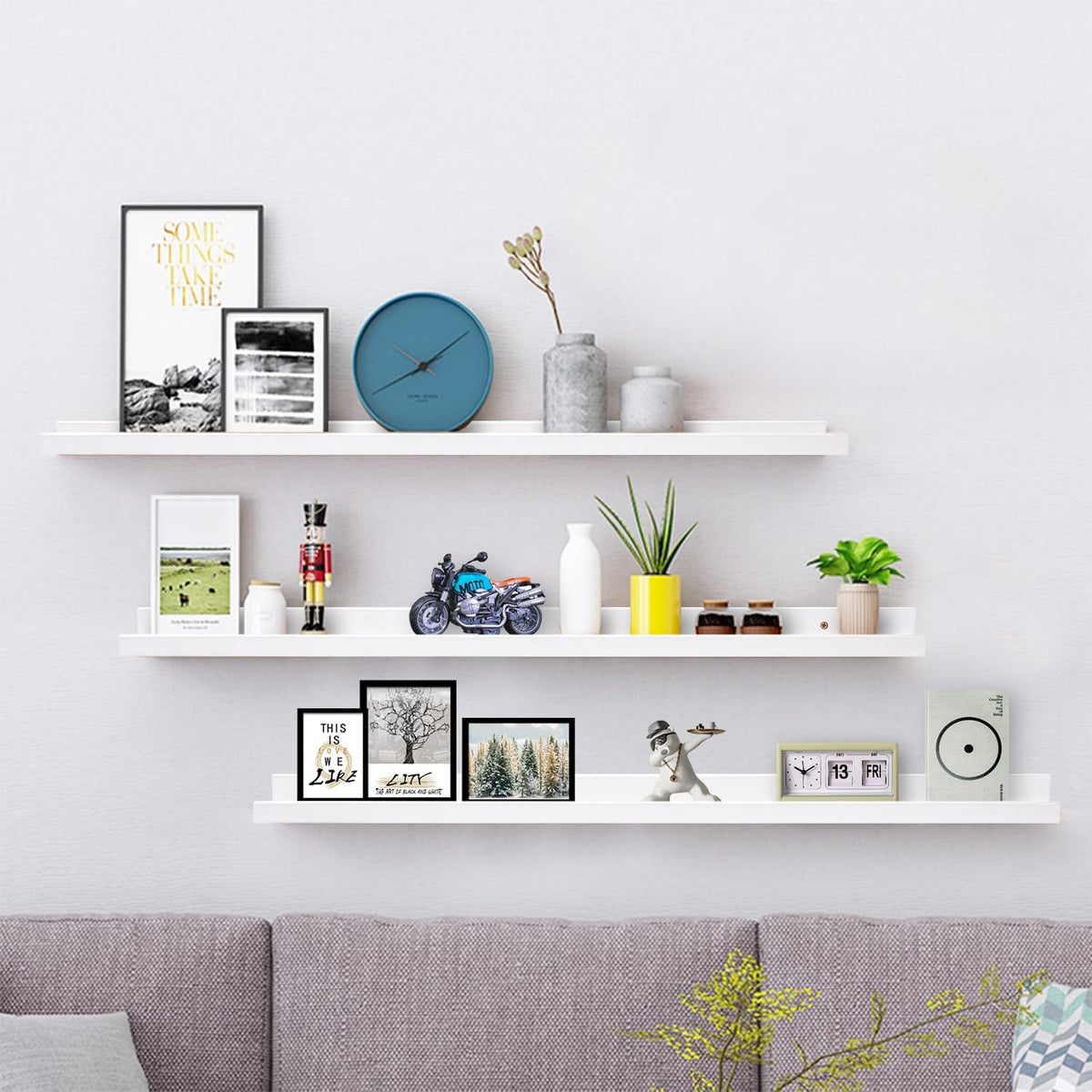 AZSKY 48 Inch White Large Picture Ledges Wood Photo Display Shelf Long Shallow Picture Shelf for
