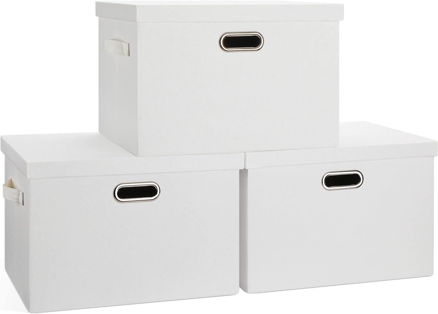 Large 17" 36 Quart Collapsible Stackable Storage Bins with Lids, 3 Packs White Linen Fabric Closet