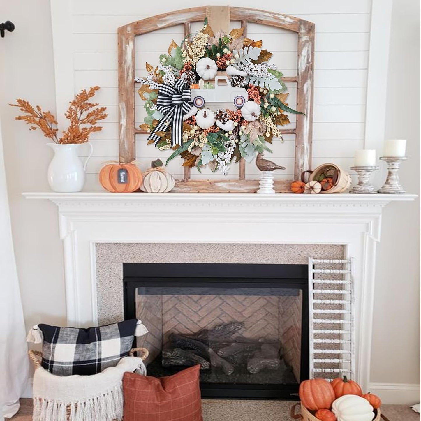Fall Wreath for Front Door,20 inch White Pumpkin Door Wreath with Truck and Bow, Harvest Porch