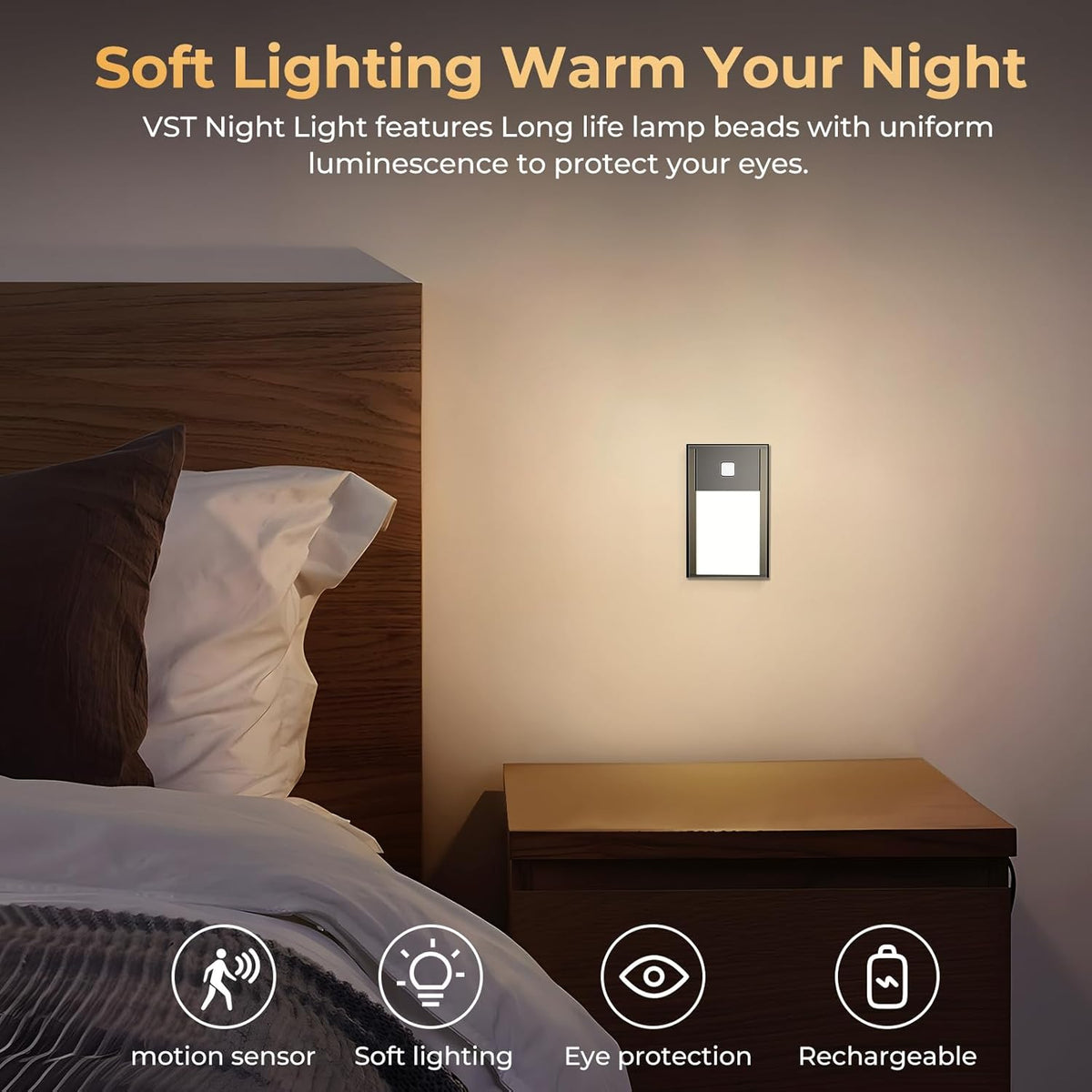 VST Motion Sensor Night Light, Rechargeable Battery Powered Led Light with Magnetic Suck