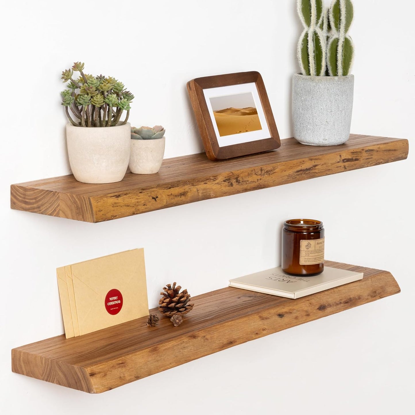 30" Floating Shelves, Live Edge Solid Elm Wood Floating Shelf, Wall Mounted Display Shelves with