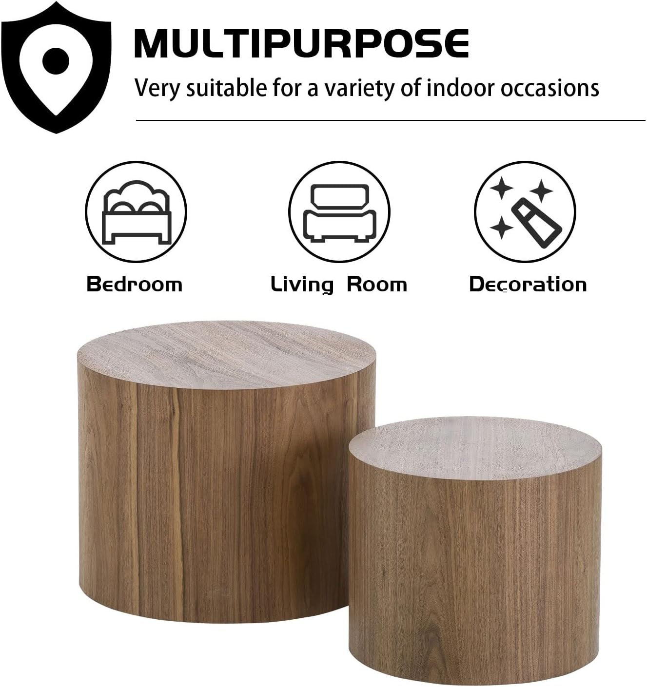 WILLIAMSPACE Nesting Coffee Table Set of 2, Walnut Round Wooden Coffee Tables Modern Circle Table