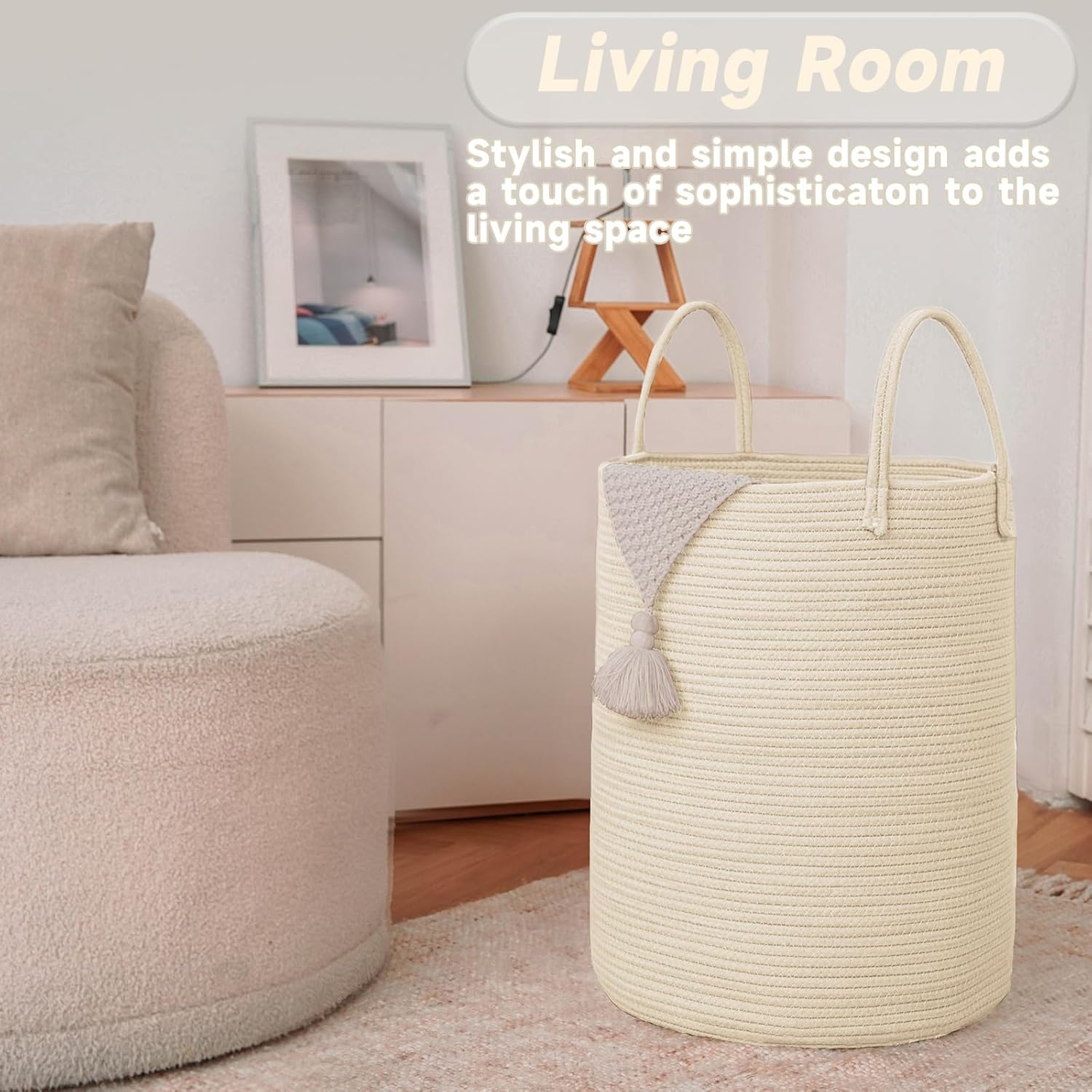 Large Woven Laundry Basket Hamper,60L Cotton Rope Storage Bin for Blankets,Toys and