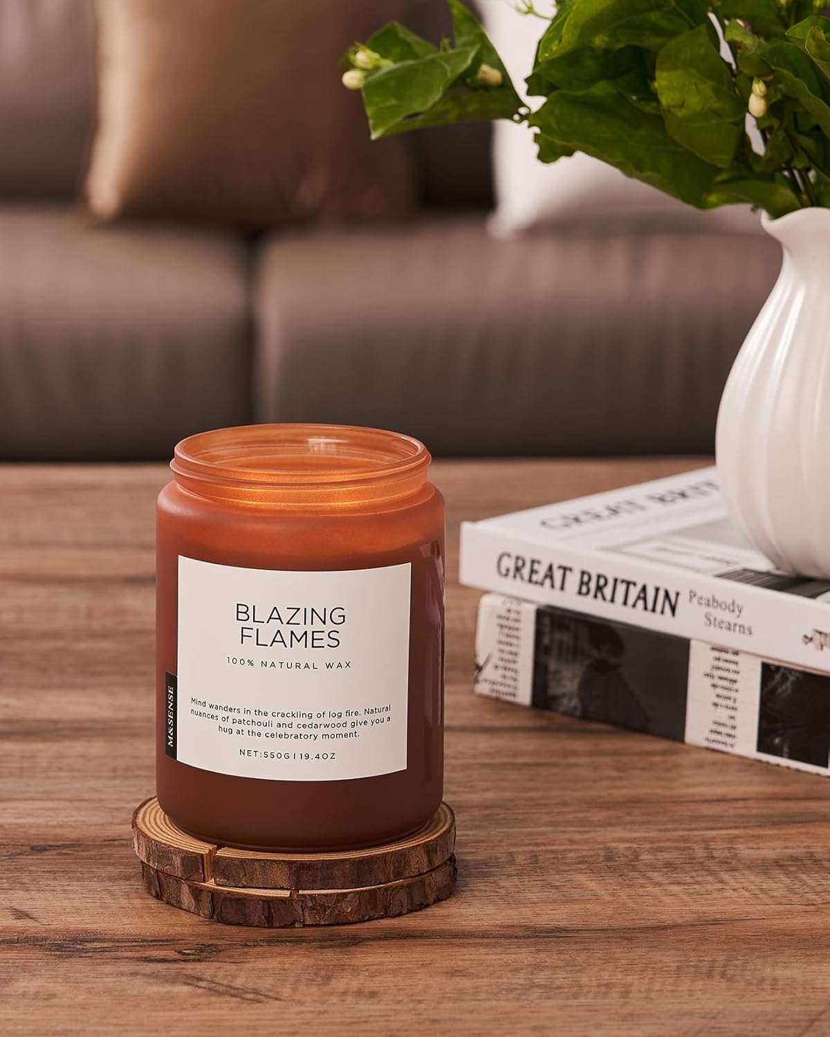 M&SENSE Blazing Flames Scented Candles with Log Fire - Patchouli & Cedarwood, Large Natural Soy
