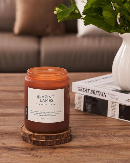 M&SENSE Blazing Flames Scented Candles with Log Fire - Patchouli & Cedarwood, Large Natural Soy