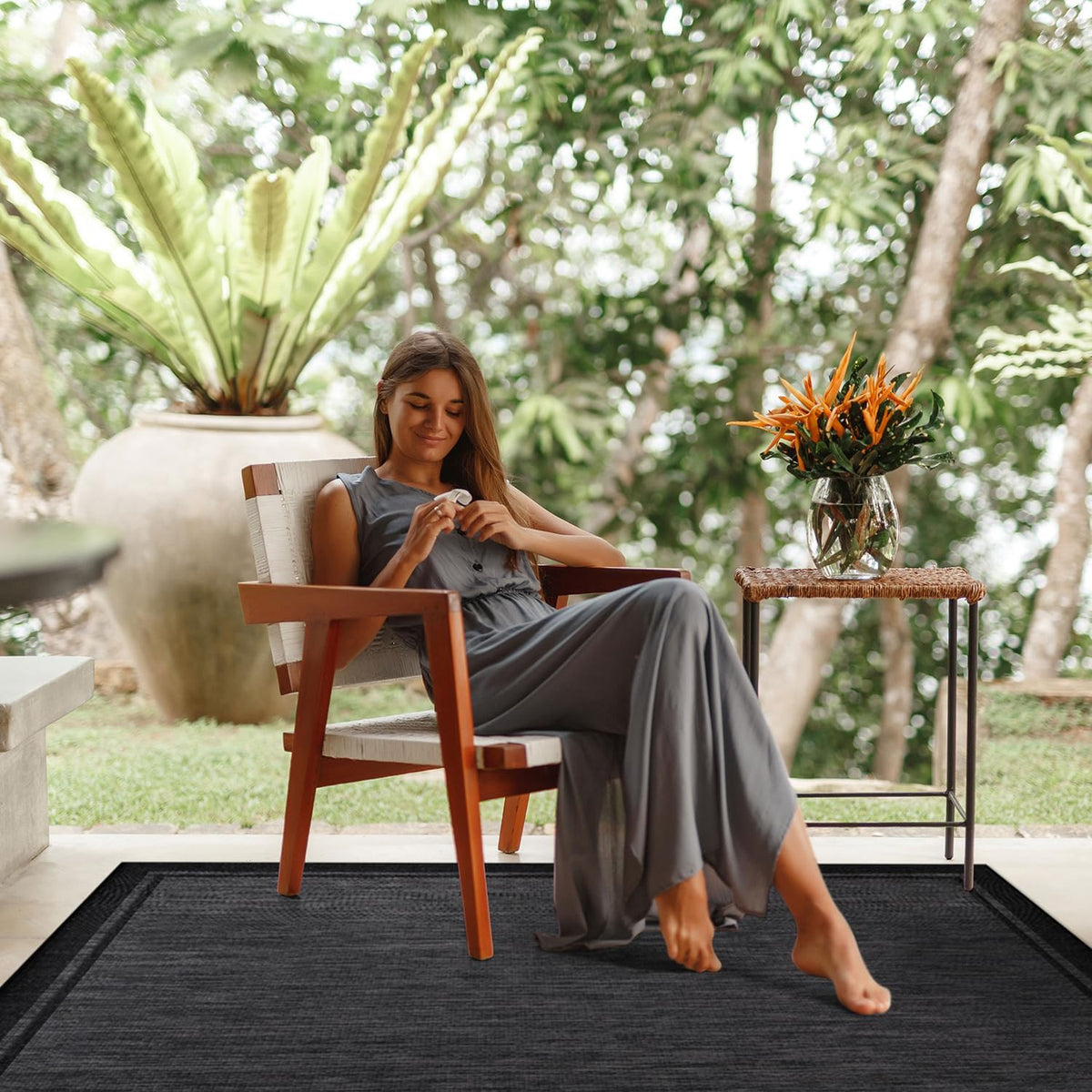CAMILSON Indoor Outdoor Rug, 8x10 Bordered Dark Gray Black Modern Area Rugs for Indoor and Outdoor