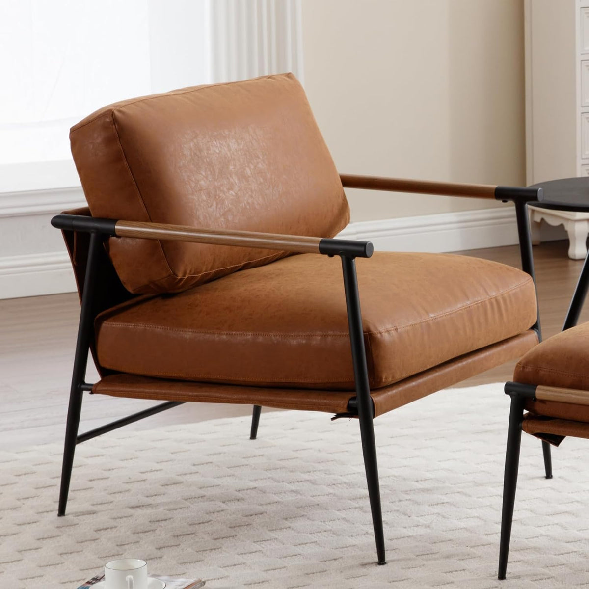 Mid-Century Accent Chair, Soft Armchair PU Leather Lounge Chair with Black Metal Legs, Upholstered