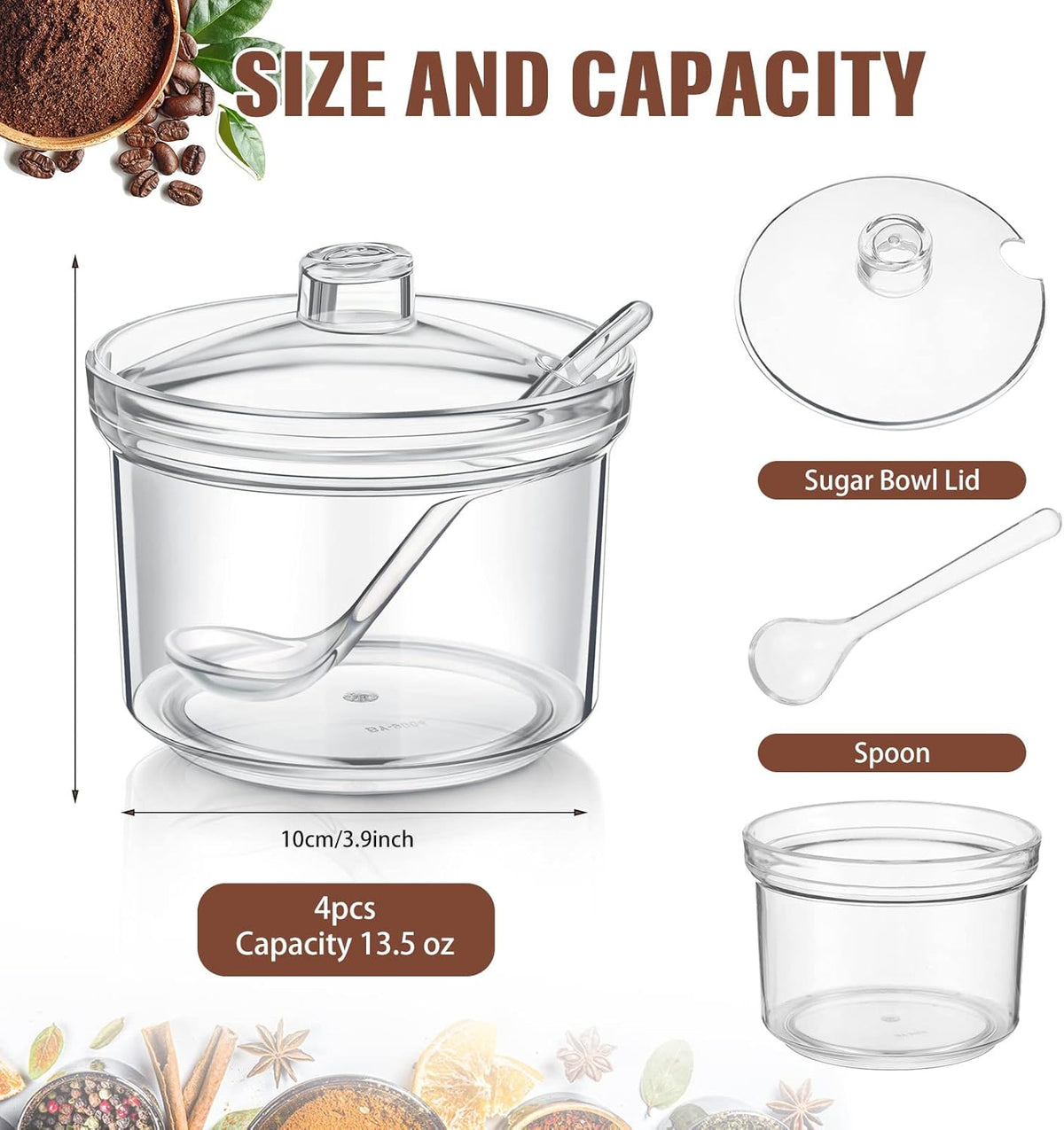 Patelai 4 Pieces Sugar Bowl Acrylic Clear Sugar Bowl with Lid and Salt Spoon Storage Jar with