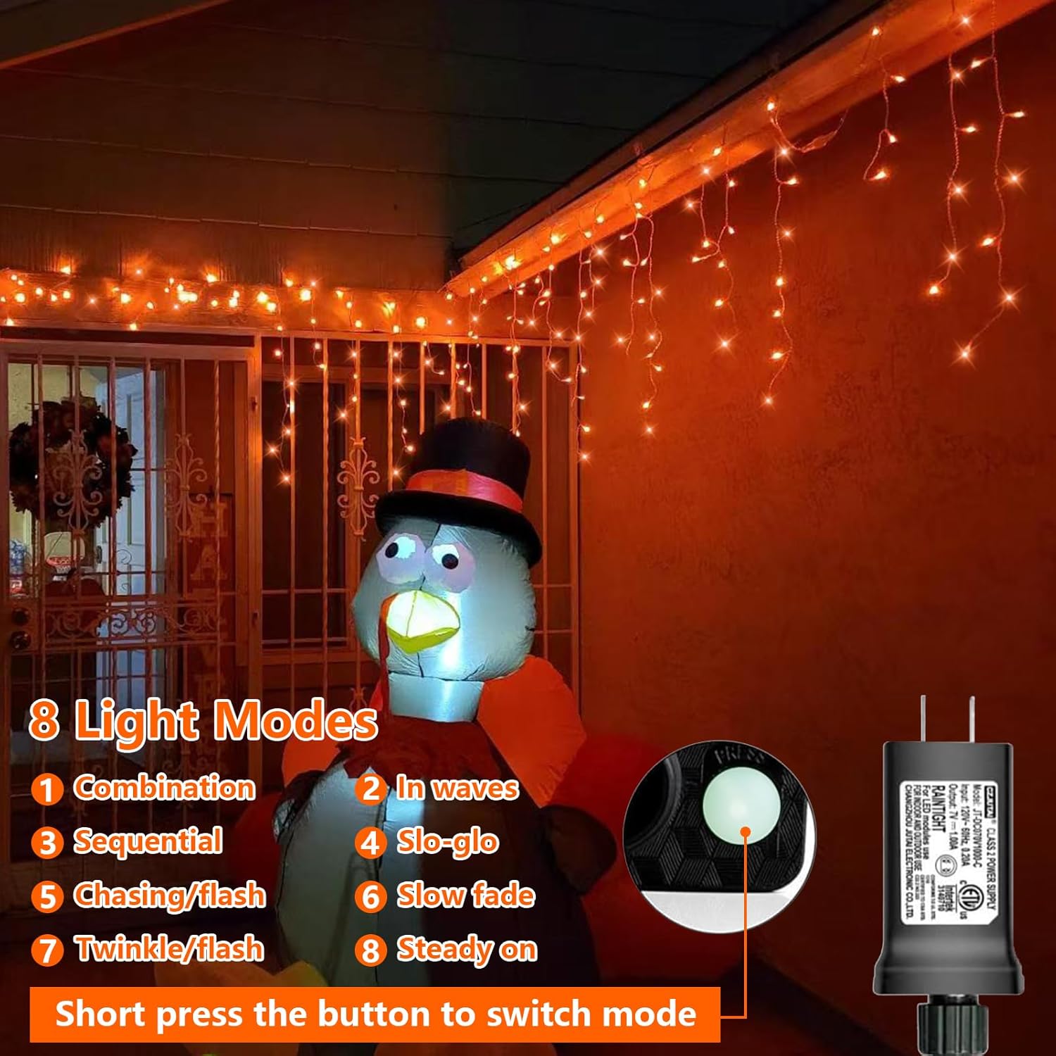 YEGUO 66ft 800 LED Orange Halloween Lights, Connetable Icicle Light Outdoor Waterproof, 8 Modes