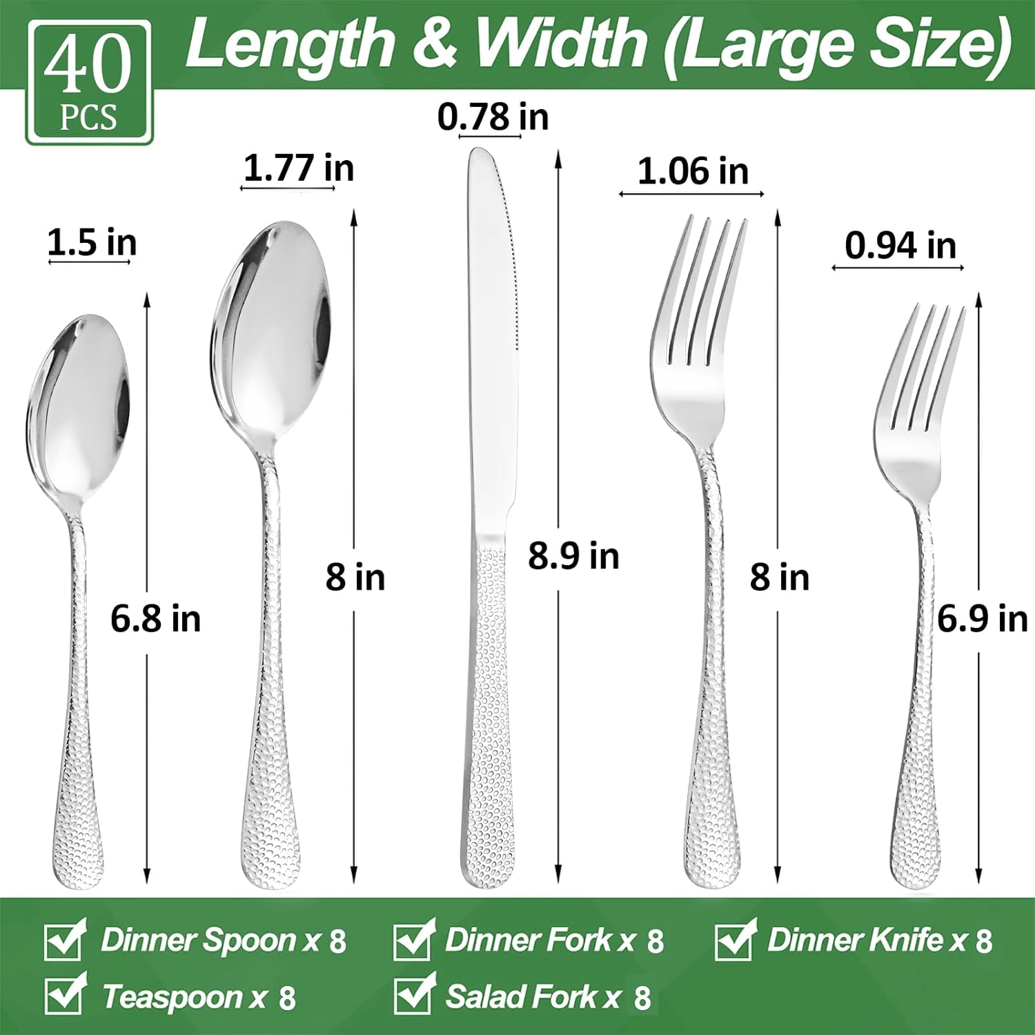 40 Pcs Silverware Set for 8 with Hammered Design, Food Grade Stainless Steel Flatware Set, Eating