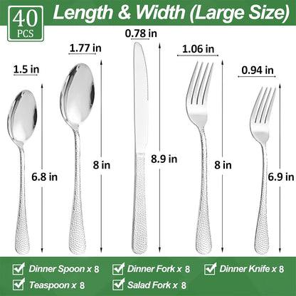 40 Pcs Silverware Set for 8 with Hammered Design, Food Grade Stainless Steel Flatware Set, Eating
