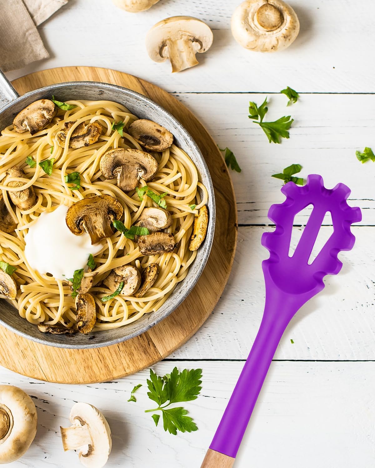 Silicone Pasta Fork, Kitchen Heat Resistant Noodle Spoon Server, BPA Free Spaghetti Strainer,12.8
