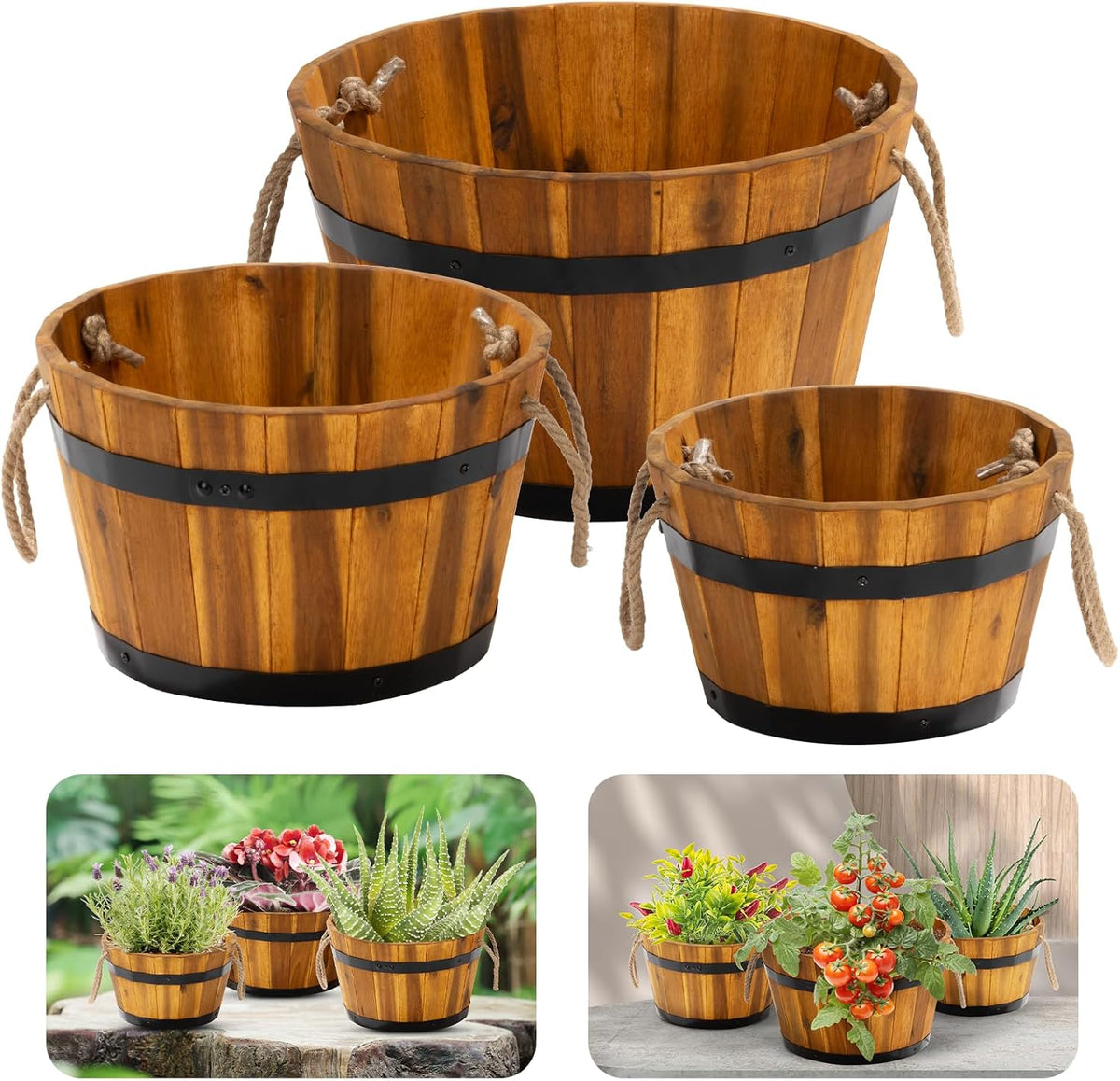 IDZO Set of 3 Wooden Flower Boxes Outdoor, Durable Acacia Wood Barrel Planters for Outdoor Plants