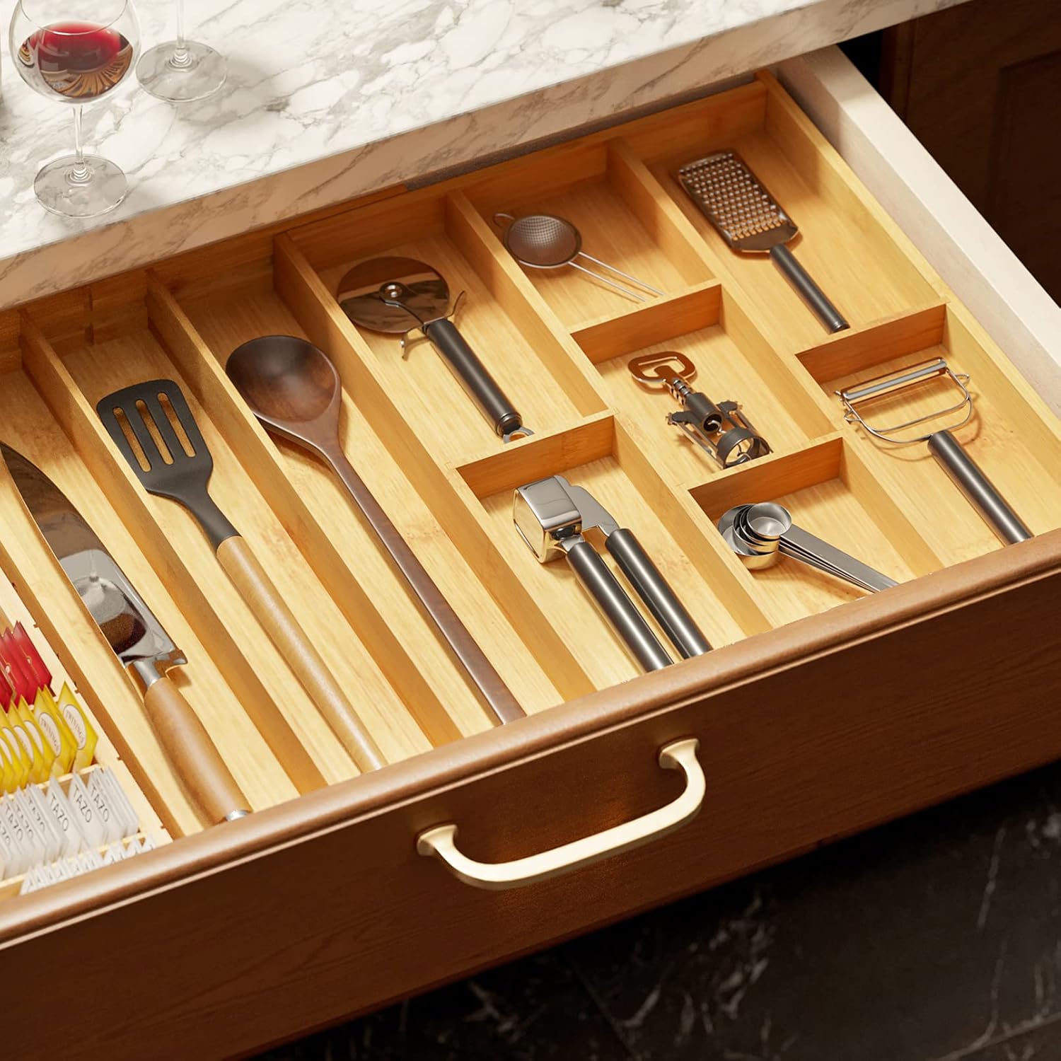 SpaceAid Bamboo Utensil Drawer Organizer with Labels, Kitchen Silverware Expandable Tray Holder