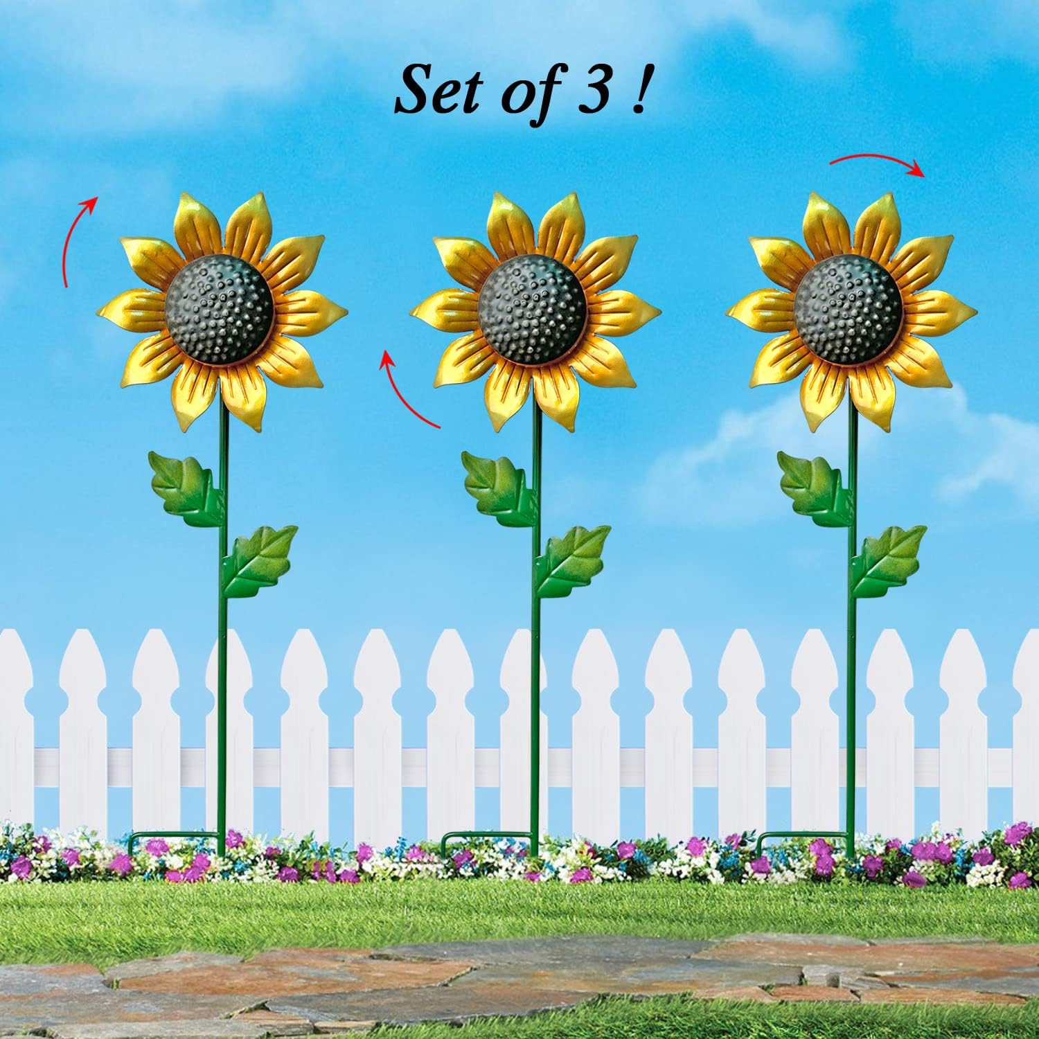 WAIU Metal Sunflower Flower Garden Stakes, Wind Catcher Spinner Garden Stakes, Garden Windmill