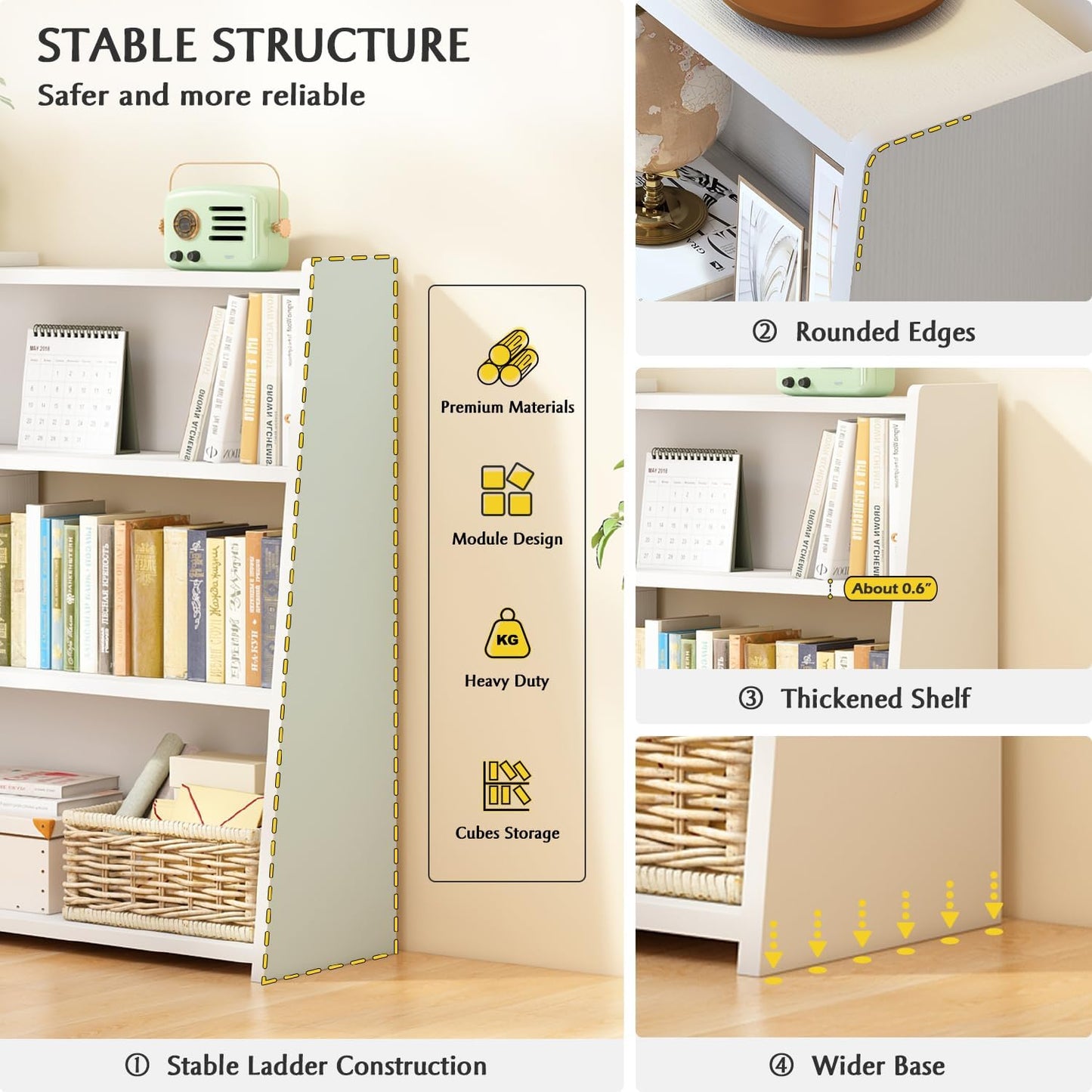 IOTXY Wooden Extendable Shelf Bookcase - 3-Tier Ladder Low Short Bookshelf for Small Space or