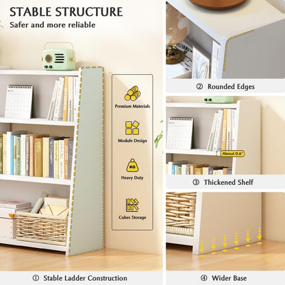 IOTXY Wooden Extendable Shelf Bookcase - 3-Tier Ladder Low Short Bookshelf for Small Space or