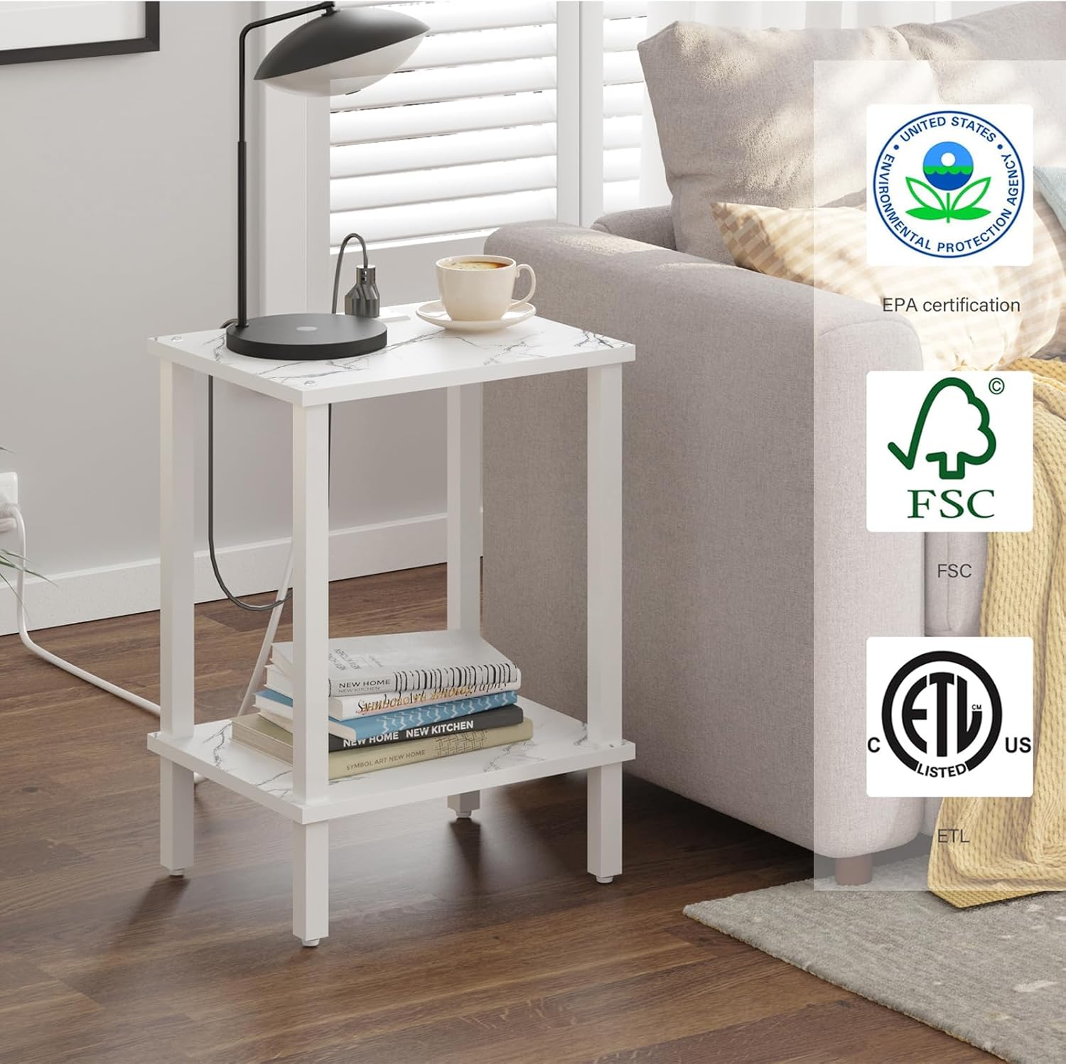 TUTOTAK End Table with Charging Station, Small Side Table with Outlets, Nightstand Bedside Table