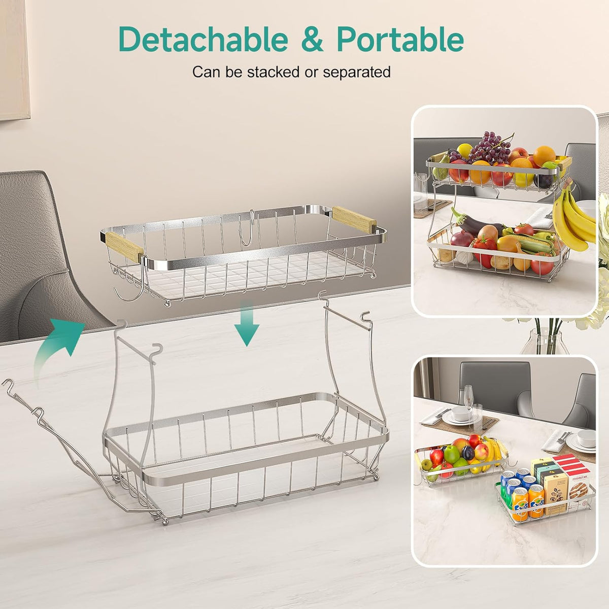 2 Tier Fruit Basket for Kitchen Counter with 2 Banana Hangers, 2025 Pro Detachable Metal Fruit Bowl