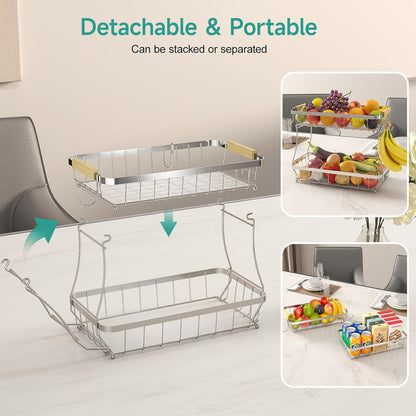 2 Tier Fruit Basket for Kitchen Counter with 2 Banana Hangers, 2025 Pro Detachable Metal Fruit Bowl