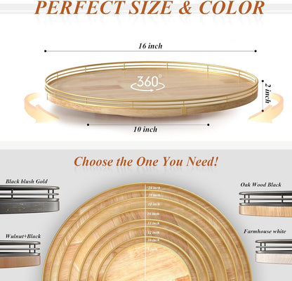 16 Inch Rustic Lazy Susan Turntable – Solid Oak & Iron Wood Rotating Tray for Dining Table, Kitchen