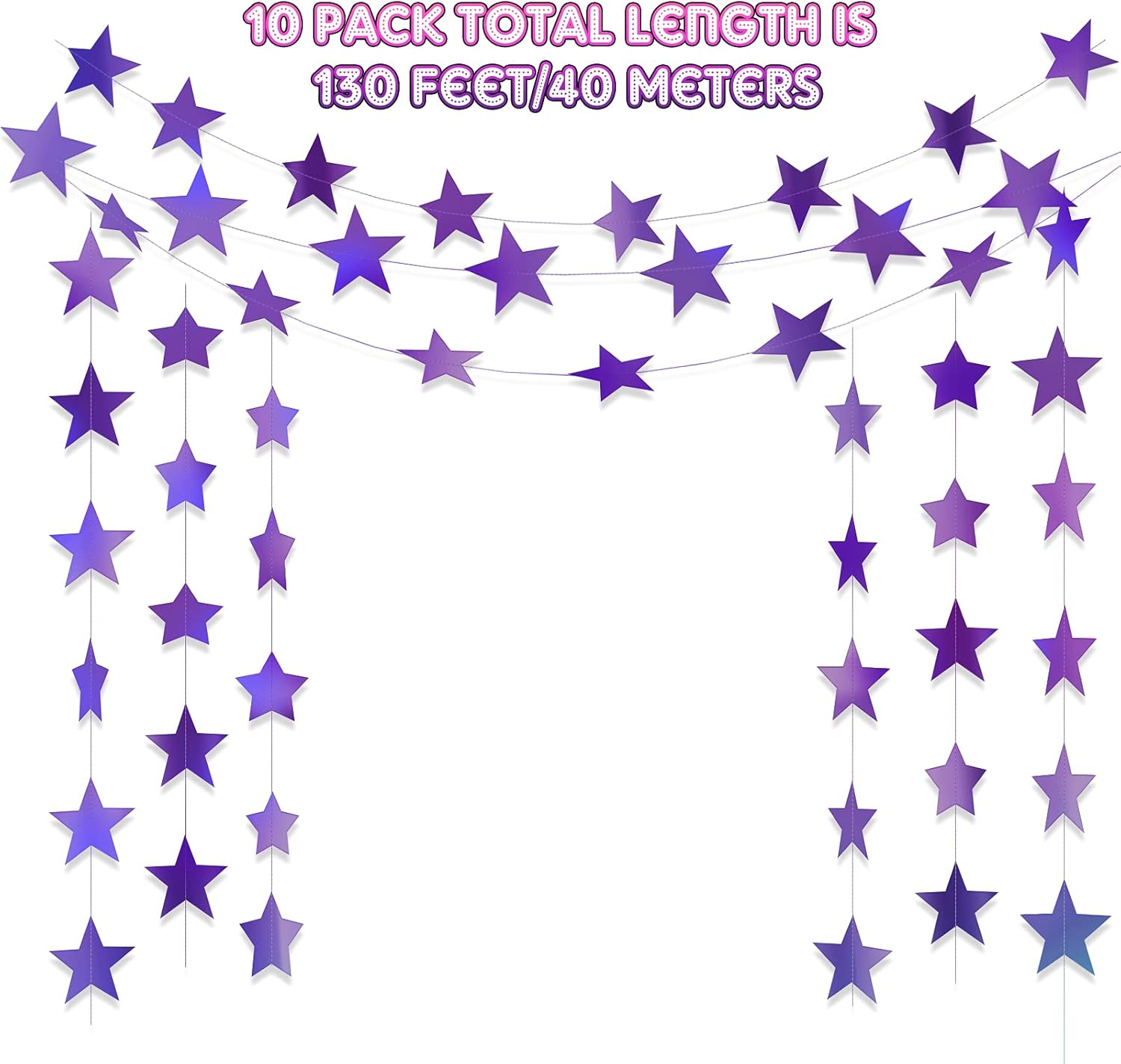 Patelai Glitter Star Garland Banner Decor 130 Feet Star Hanging Bunting Banner Twinkle Backdrop for