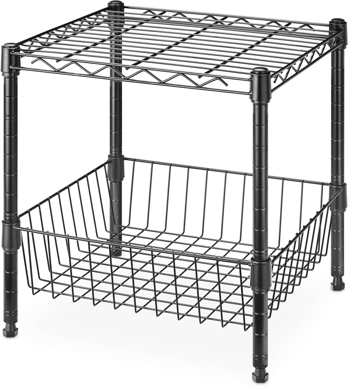 Whitmor 2 Tier Metal Storage Shelves, Heavy Duty Shelf with Basket, 350 lbs Capacity per Shelf, 700