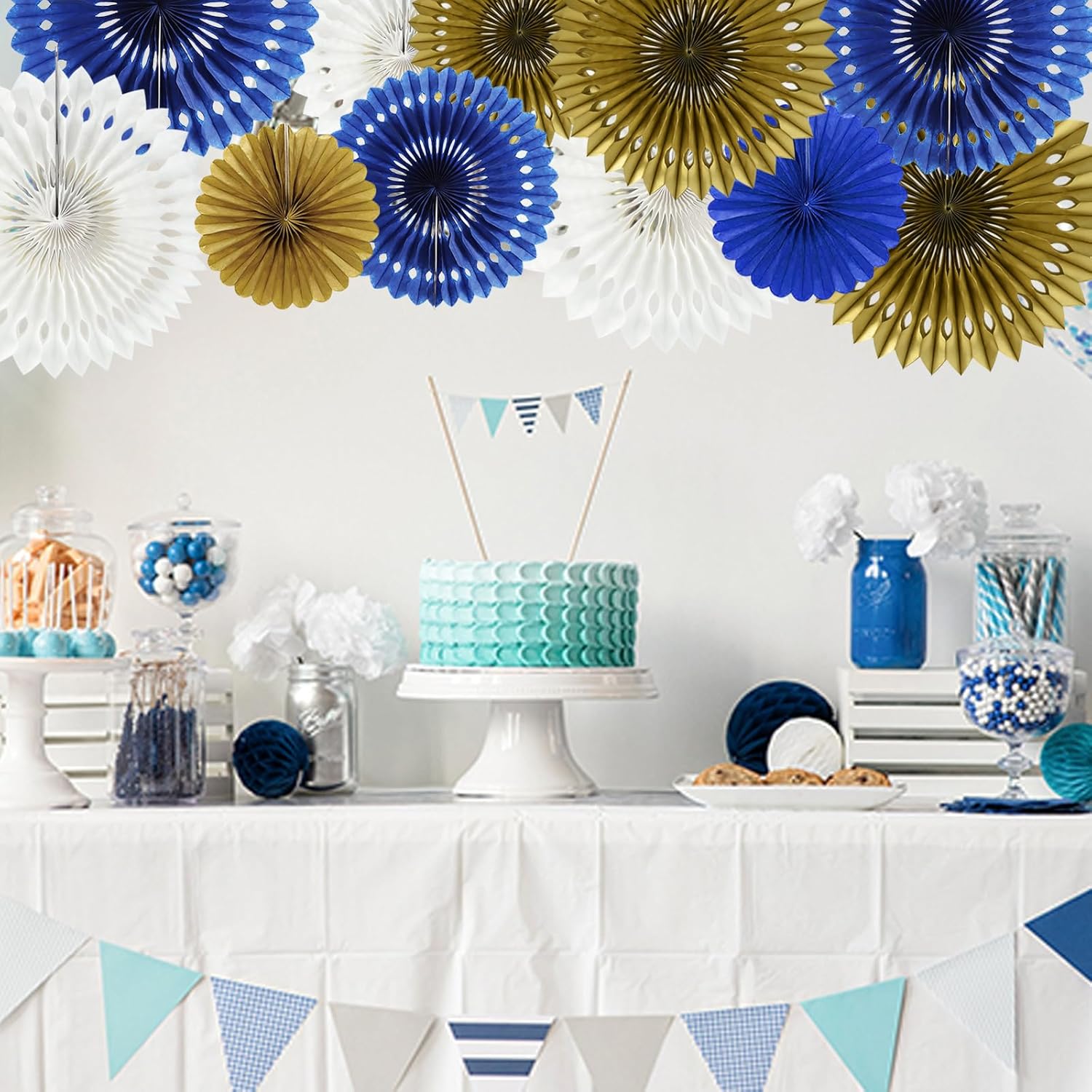 BEISHIDA Blue Gold White Hanging Honeycomb Round Paper Fans Decoration Set for New Year Baby Shower