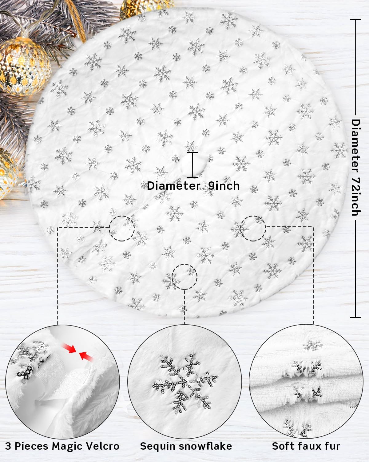 COOLWUFAN 72 Inches Christmas Tree Skirt for Xmas Tree Holiday Party Decorations White Plush Silver