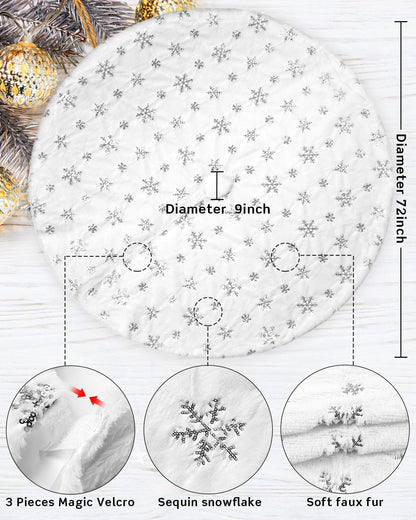 COOLWUFAN 72 Inches Christmas Tree Skirt for Xmas Tree Holiday Party Decorations White Plush Silver
