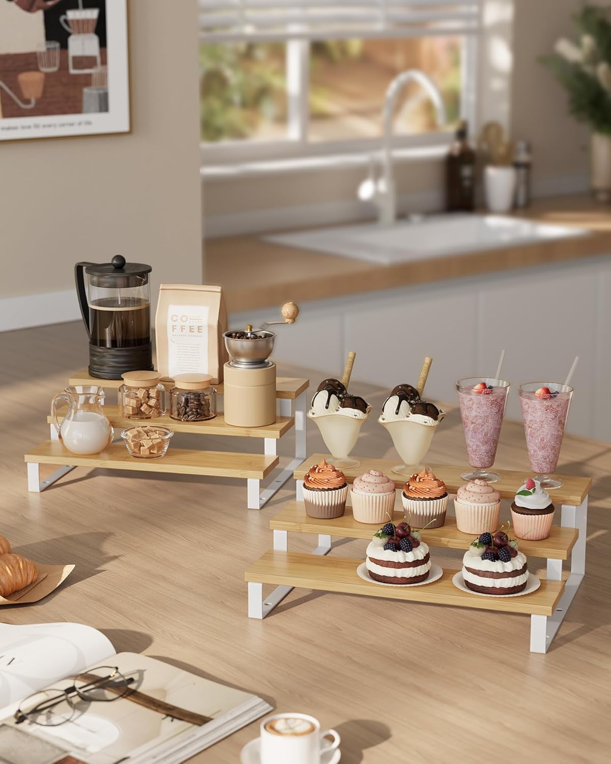 SONGMICS Display Risers, Set of 2 Engineered Wood Perfume Organizer Stand, 3-Tier Cupcake Stand
