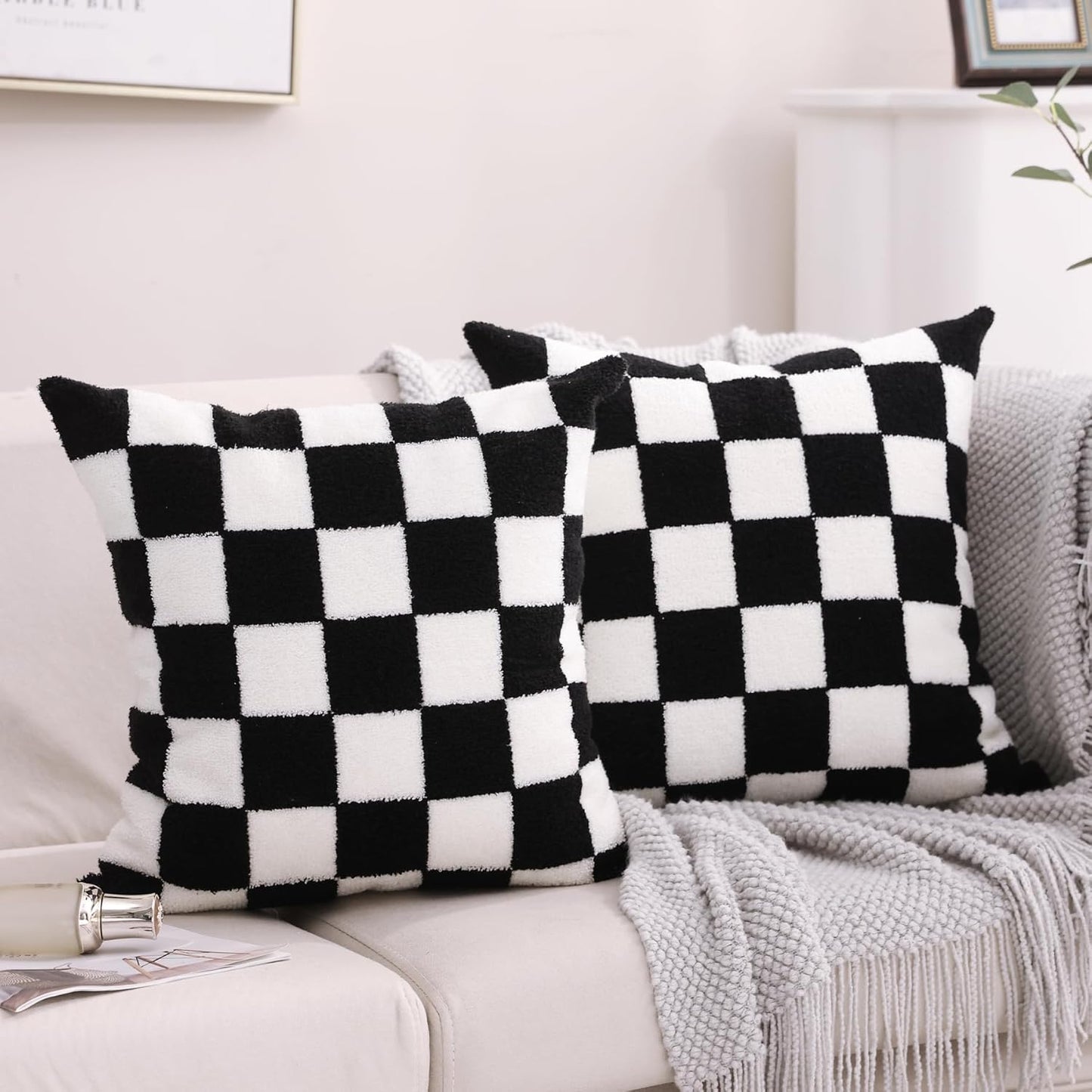 Alysheer Checkered Embroidered Decorative Throw Pillow Covers 18"x 18" Set of 2, Farmhouse Cottage