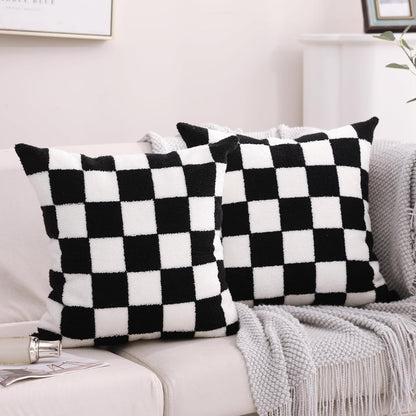 Alysheer Checkered Embroidered Decorative Throw Pillow Covers 18"x 18" Set of 2, Farmhouse Cottage