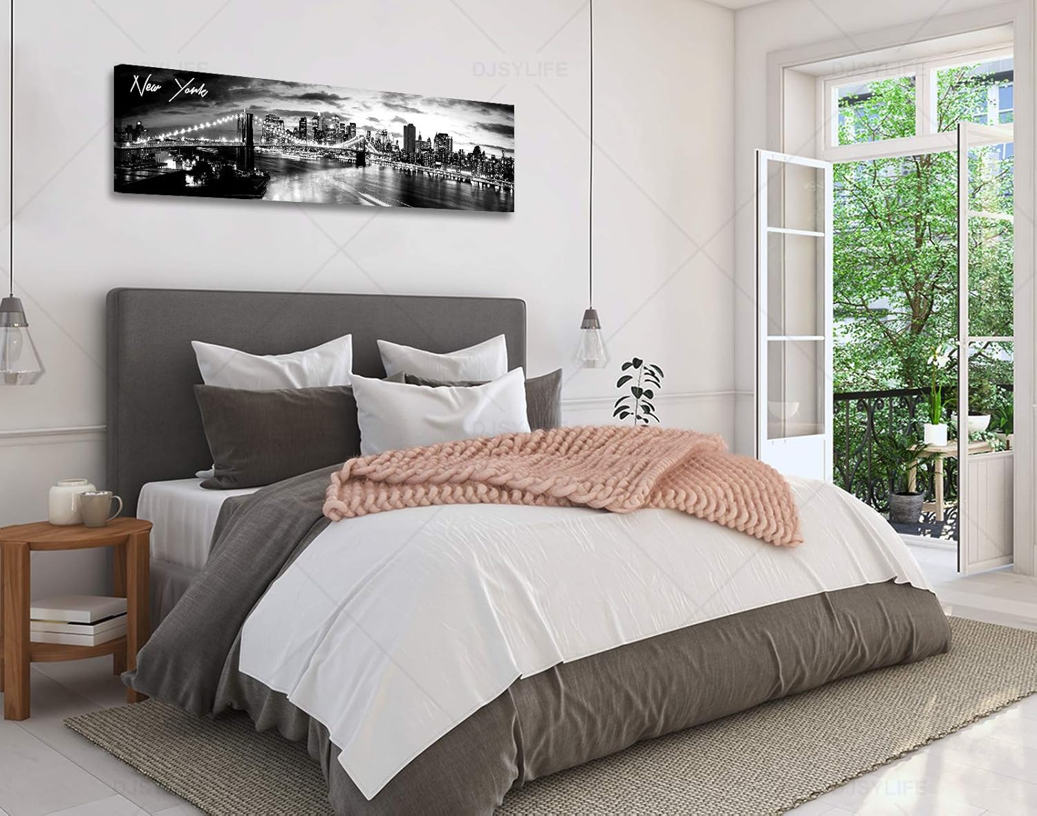 DJSYLIFE New York Skyline Wall Art - Brooklyn Bridge Night View - Black and White Nyc City Pictures