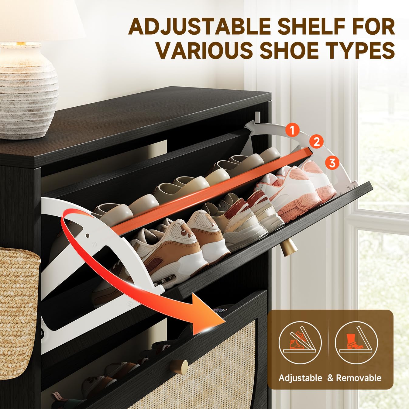 Nicetree Shoe Organizer for Entryway, Slim Shoe Rack with 2 Flip Drawers, Modern Boho Rattan Shoe