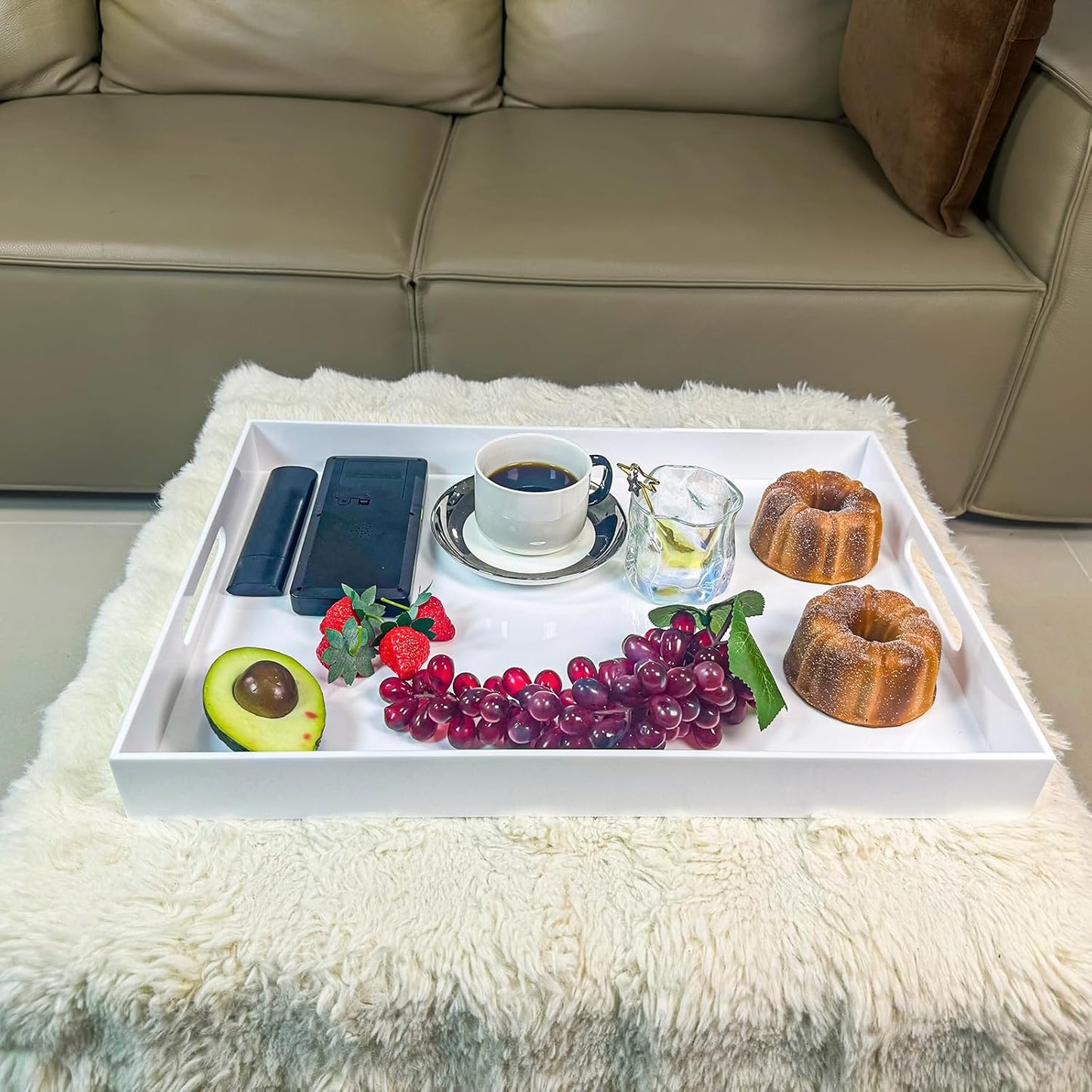 White Rectangular 14x20 Inches Acrylic Ottoman Tray Decorative Serving Tray with Cutout Handles