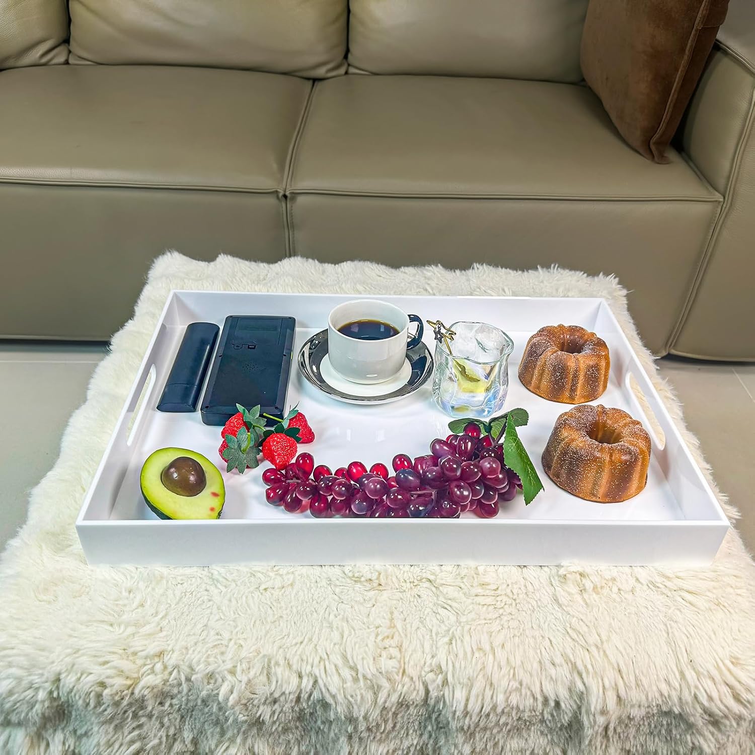 White Rectangular 14x20 Inches Acrylic Ottoman Tray Decorative Serving Tray with Cutout Handles