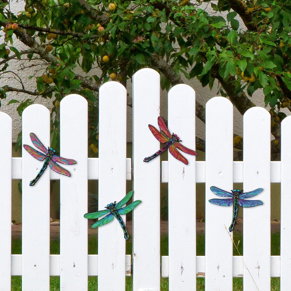 Metal Dragonfly Wall Decor Art, 4 Pack Colorful Metal Dragonflies Outdoor Wall Art, Hand Painted