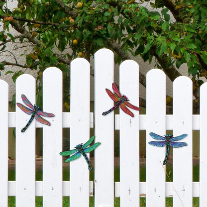 Metal Dragonfly Wall Decor Art, 4 Pack Colorful Metal Dragonflies Outdoor Wall Art, Hand Painted