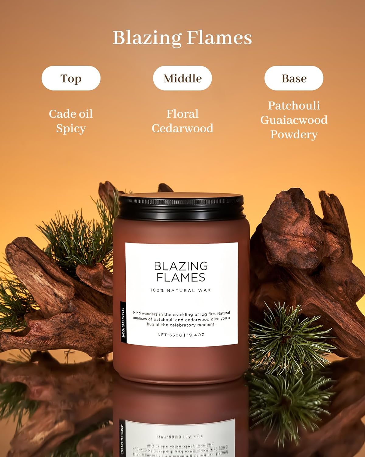 M&SENSE Blazing Flames Scented Candles with Log Fire - Patchouli & Cedarwood, Large Natural Soy