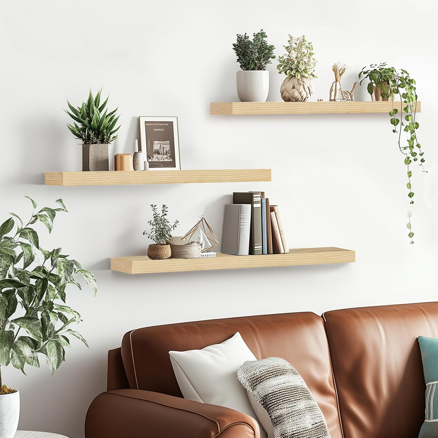 Floating Wall Shelves 3-Pack - 24-Inch Rustic Wooden Shelves for Storage and Décor, Easy