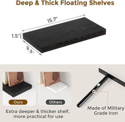 Fun Memories Black Floating Shelves 16 Inch Long, 9 Inch Deep Wall Shelf for Bathroom, 16 x 9