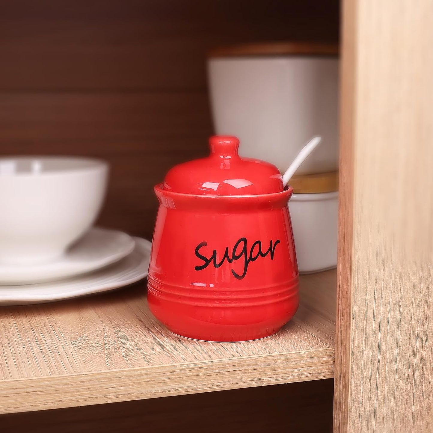 HAOTOP 12oz Sugar Bowl with Lid and Spoon,Ceramic Sugar Jar Sugar Dispenser Sugar Container Coffee