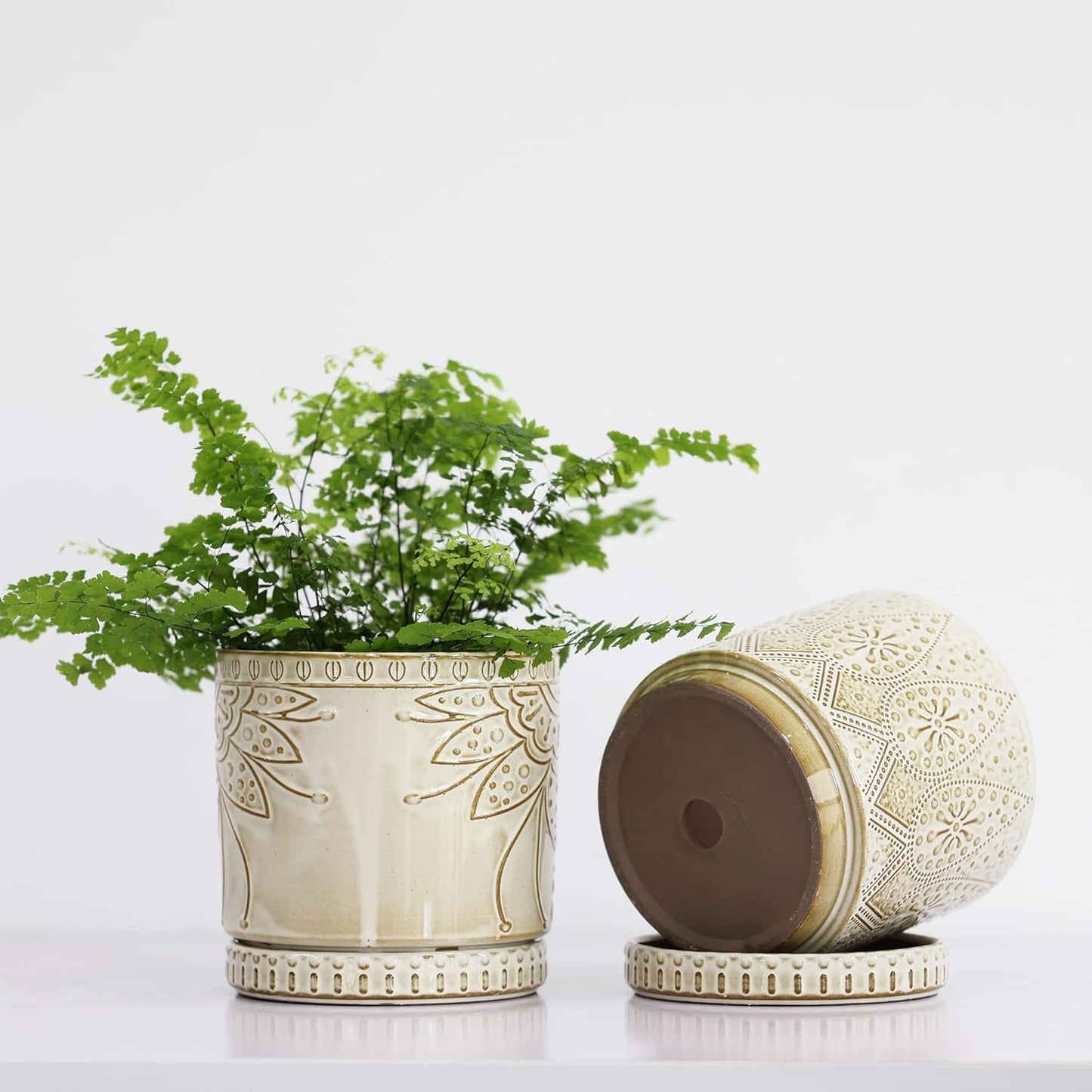 6 Inch Indoor Plant Pots with Drainage Holes and Saucers, Ceramic Planter for Plants, Flower Pot