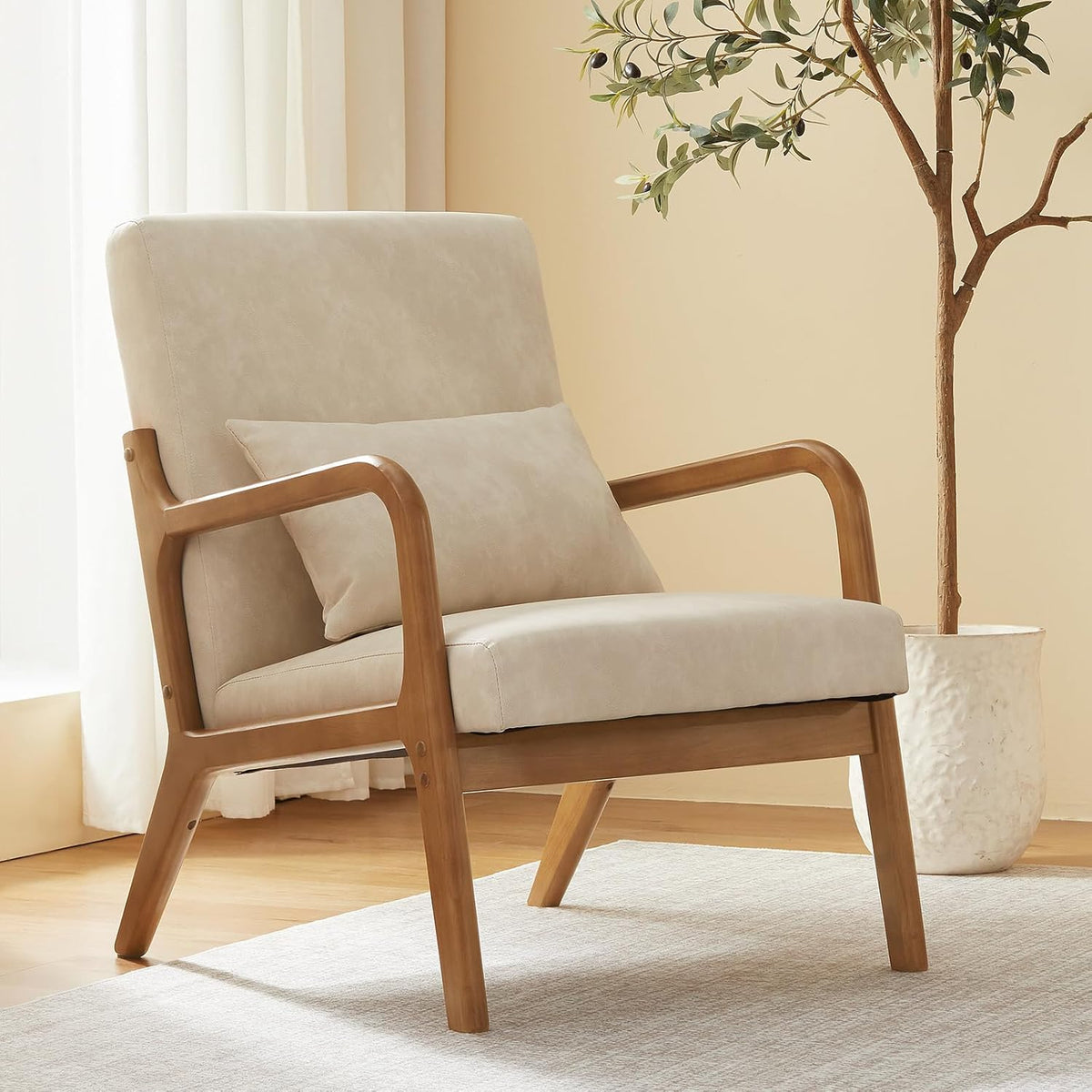 Accent Chair Mid Century Modern Armchair with Lumbar Support Pillow Wood Legs PU Leather