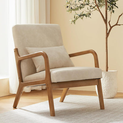 Accent Chair Mid Century Modern Armchair with Lumbar Support Pillow Wood Legs PU Leather