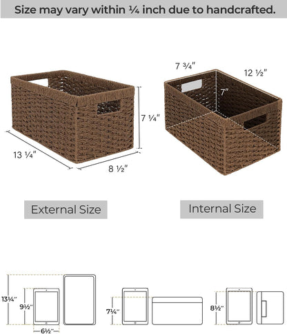 StorageWorks Round Paper Rope Storage Baskets, Rectangular Wicker Baskets with Built-in Handles