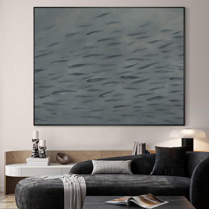 SIGNWIN 60"x72" Extra Large Framed Wall Art Gray School of Fish Minimalist Ocean-Inspired Marine